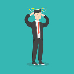 Businessman with flying stars around his head. Flat cartoon style. Vector illustration.