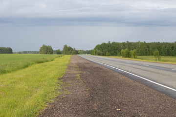 asphalt road and roadside with field