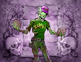 Original illustration of a funny mascot zombie as a zodiac sign libra choosing which brain to eat