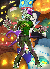 Original illustration of a funny mascot zombie as a zodiac sign libra choosing which brain to eat