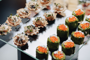 delicious festive buffet with canapés and different delicious meals