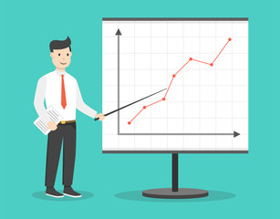 Businessman with file in his hands demonstrates the income schedule. Presentation of revenue growth for investors. Flat cartoon style. Vector illustration.