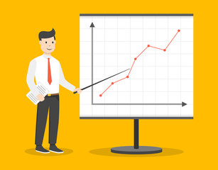 Businessman with file in his hands demonstrates the income schedule. Presentation of revenue growth for investors. Flat cartoon style. Vector illustration.