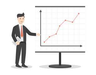 Businessman with file in his hands demonstrates the income schedule. Presentation of revenue growth for investors. Flat cartoon style. Vector illustration.