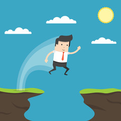 Businessman jump through the gap in the rocks. Symbol of business success, challenge, risk, courage. Flat cartoon style. Vector illustration.
