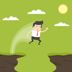 Businessman jump through the gap in the rocks. Symbol of business success, challenge, risk, courage. Flat cartoon style. Vector illustration.