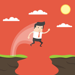 Businessman jump through the gap in the rocks. Symbol of business success, challenge, risk, courage. Flat cartoon style. Vector illustration.