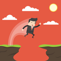Businessman jump through the gap in the rocks. Symbol of business success, challenge, risk, courage. Flat cartoon style. Vector illustration.