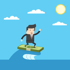 Obraz na płótnie Canvas Businessman surfing on the wave. Symbol of business success, challenge, risk, courage. Flat cartoon style. Vector illustration.