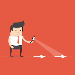 Businessman searching through a magnifying glass. Searching, details, clue concept. Flat cartoon style. Vector illustration.