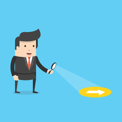 Businessman searching through a magnifying glass. Searching, details, clue concept. Flat cartoon style. Vector illustration.