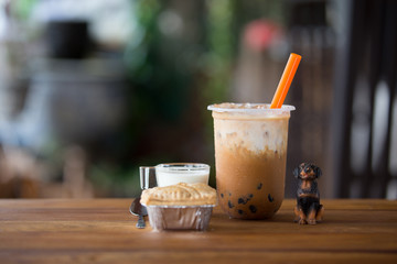 Ice bubble milk tea in takeaway glass.