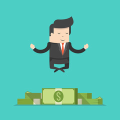 Businessman doing yoga and meditating on huge pile of money. Business concept. Flat cartoon style. Vector illustration.