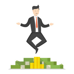 Businessman doing yoga and meditating on huge pile of money. Business concept. Flat cartoon style. Vector illustration.