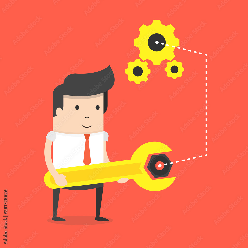 Poster businessman with spanner in hand. man in suit, manager adjusts some mechanism. support and service c