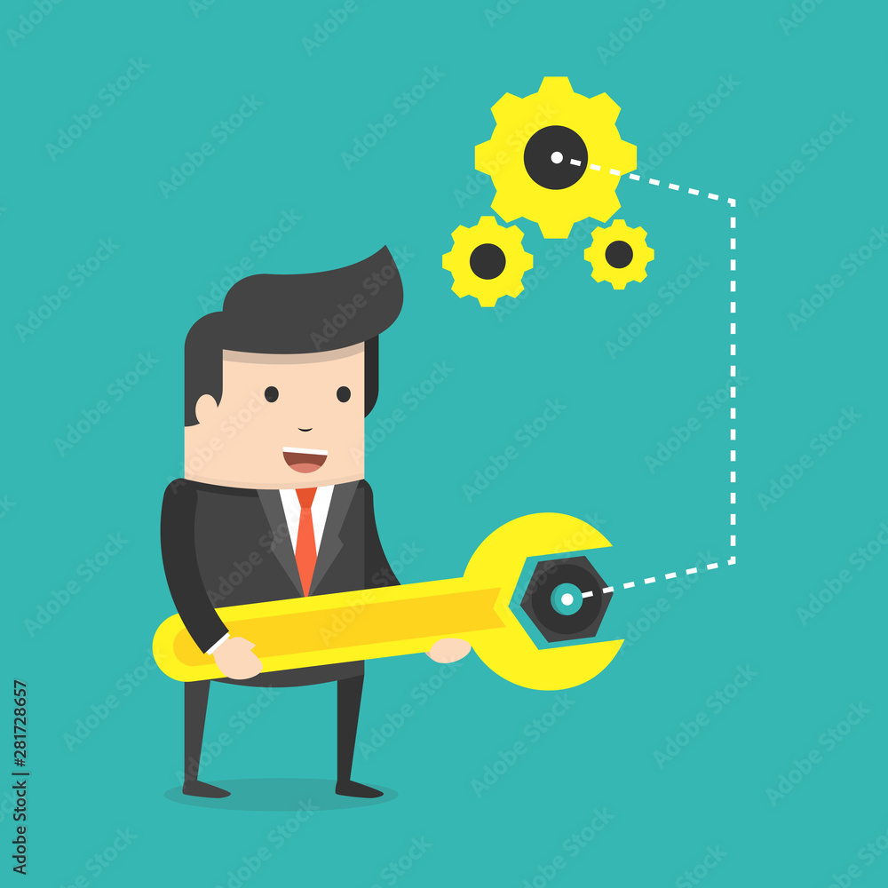 Poster businessman with spanner in hand. man in suit, manager adjusts some mechanism. support and service c