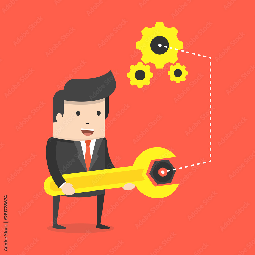 Poster businessman with spanner in hand. man in suit, manager adjusts some mechanism. support and service c