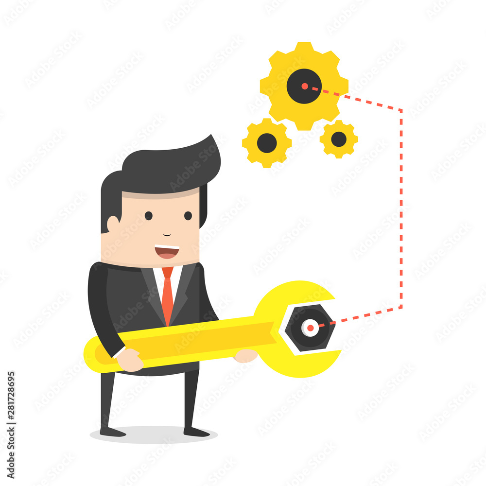 Poster businessman with spanner in hand. man in suit, manager adjusts some mechanism. support and service c
