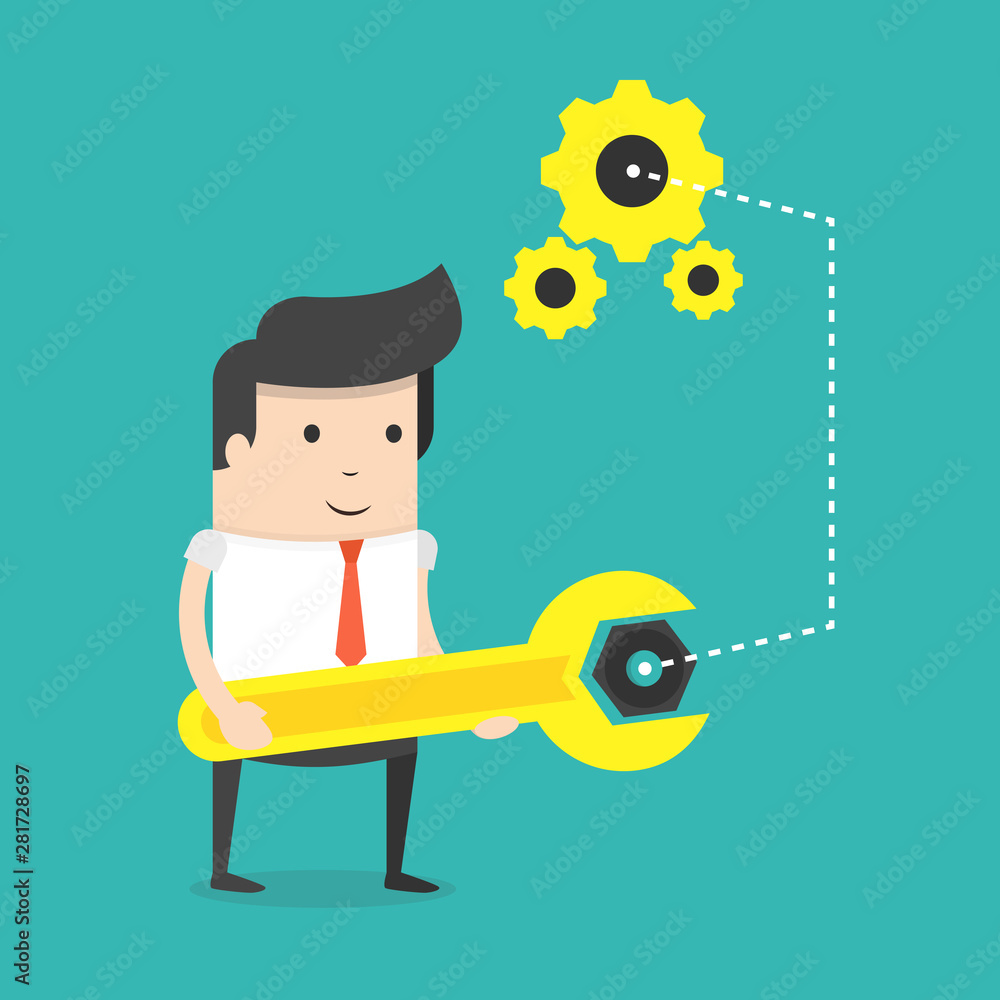 Poster businessman with spanner in hand. man in suit, manager adjusts some mechanism. support and service c