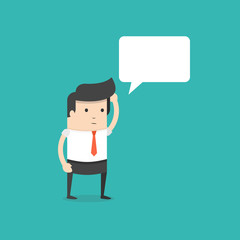 Office worker businessman standing and thinking. Speech bubble. Flat cartoon style. Vector illustration.