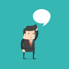Office worker businessman standing and thinking. Speech bubble. Flat cartoon style. Vector illustration.