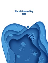Paper cut butterflyfish, jellyfish, moonfish, turtle. Paper craft underwater ocean cave with fishes, coral reef, seabed in algae, waves. Diving concept, deep blue marine life. Vector sea wildlife