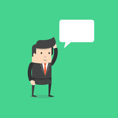 Office worker businessman standing and thinking. Speech bubble. Flat cartoon style. Vector illustration.