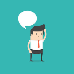 Office worker businessman standing and thinking. Speech bubble. Flat cartoon style. Vector illustration.