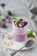 Homemade granola with nuts, chia seeds and fruit in a breakfast mug. Light photo