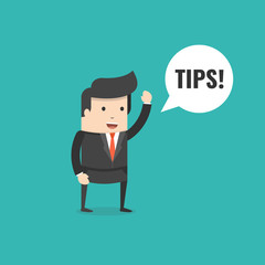 Businessman saying tips. Speech bubble. Flat cartoon style. Vector illustration.