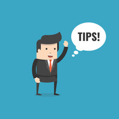 Businessman saying tips. Speech bubble. Flat cartoon style. Vector illustration.
