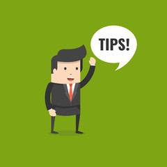 Businessman saying tips. Speech bubble. Flat cartoon style. Vector illustration.