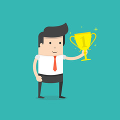 Businessman or a successful manager holding a prize. Flat cartoon style. Vector illustration.