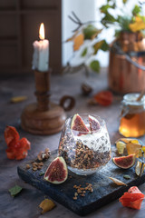 Homemade granola energy bars with figs, oatmeal, almond, dry cranberry and pumpkin seeds, healthy snack, horizontal