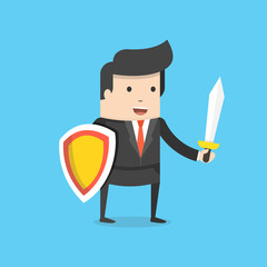 Businessman holding shield and sword. Businessman warrior concept. Flat cartoon style. Vector illustration.