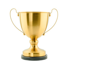 Fototapeta na wymiar Brass steel trophy, dual handle neo-classic, isolated on white. Trophy is a tangible, durable reminder of a specific achievement, serves as recognition / evidence of merit, awarded for sporting events