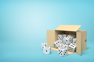 3d rendering of cardboard box lying sidelong full of white dice with black spots on blue background.