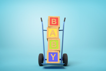 3d rendering of colorful alphabet toy blocks showing 'BABY' sign on a hand truck on blue background