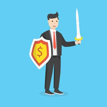 Businessman holding shield and sword. Businessman warrior concept. Flat cartoon style. Vector illustration.
