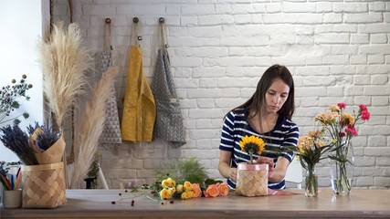 Family flowers business. Florist arranging beautiful composition. Young woman working in lifestyle...