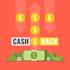 Cash back sticker, labels, emblem. Cashback or money refund concept. Big stacked dollar pile of cash.  Flat vector illustration.