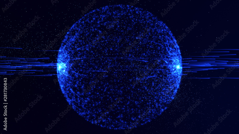 Poster the dark blue background has a small blue dust particle that shines in a circular motion, explosion 