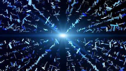 Colorful confetti party paper explosion and falling down. dark blue background.