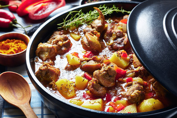 close-up of hot chicken curry with potato - obrazy, fototapety, plakaty