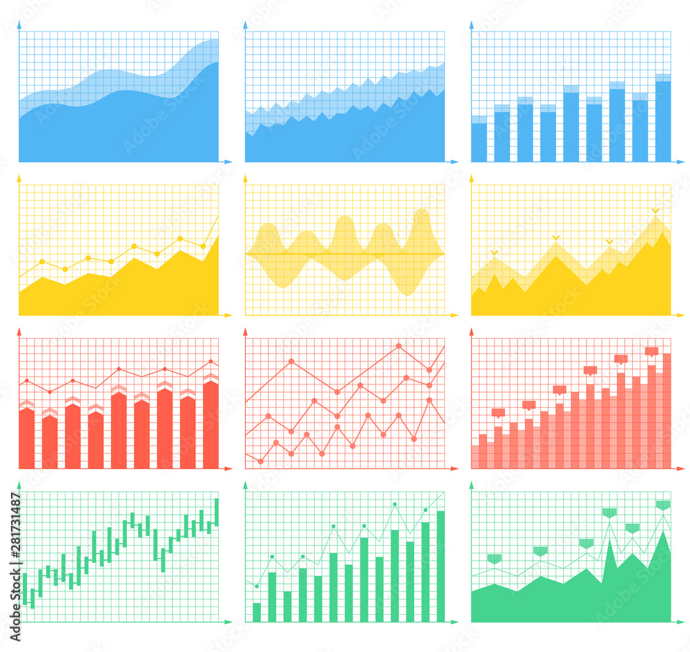Poster set of different graphs and charts, information on charts, statistical data. business charts and gra