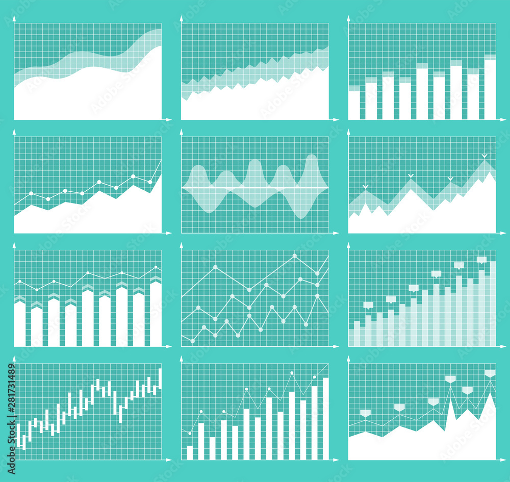 Poster set of different graphs and charts, information on charts, statistical data. business charts and gra