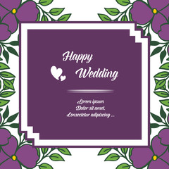 Square frame with drawing blossom flowers, isolated on a white, design lettering of happy wedding. Vector