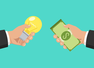 One hand holding light bulb and other hand offers money.  Buy idea, investing in innovation, modern technology business concept. Vector illustration.