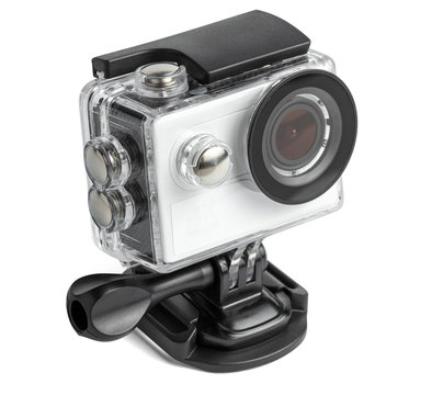 Action camera in a waterproof box isolated on white background