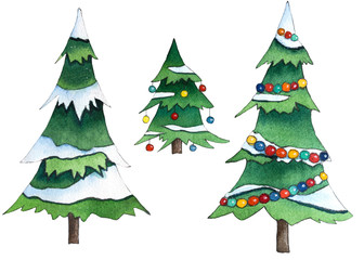 Set of Christmas Trees With Snow and decoration. Hand drawn watercolor illustration.